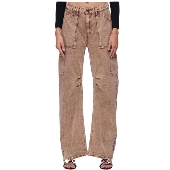 LIONESS Miami Vice Jeans Tan Wash Stone Cargo Wide Leg Cinched Knee Y2K NWOT, XS - Picture 1 of 8
